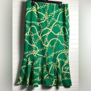 Messini Lime Green abstract  print Maxi Skirt Mermaid Flounce Peplum Size Large